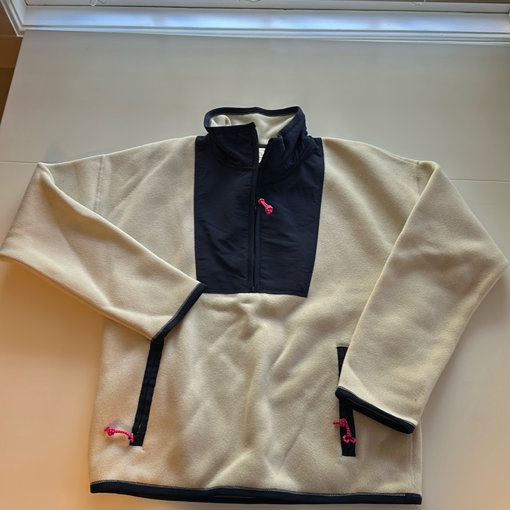 Vintage-style J. Crew fleece-lined quarter zip, ivory with navy trim: size XS